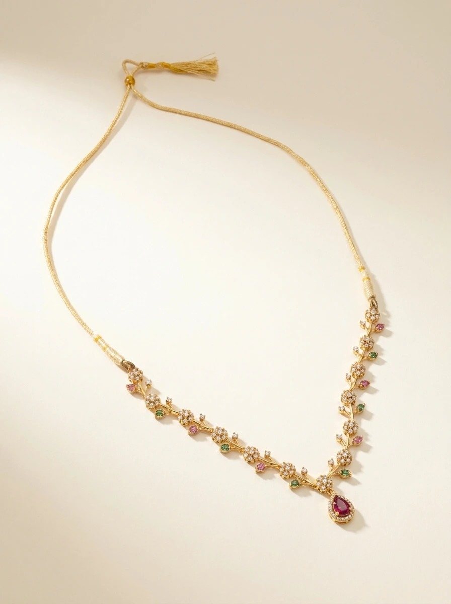 Studio hero shot of the same vine necklace on a warm cream background