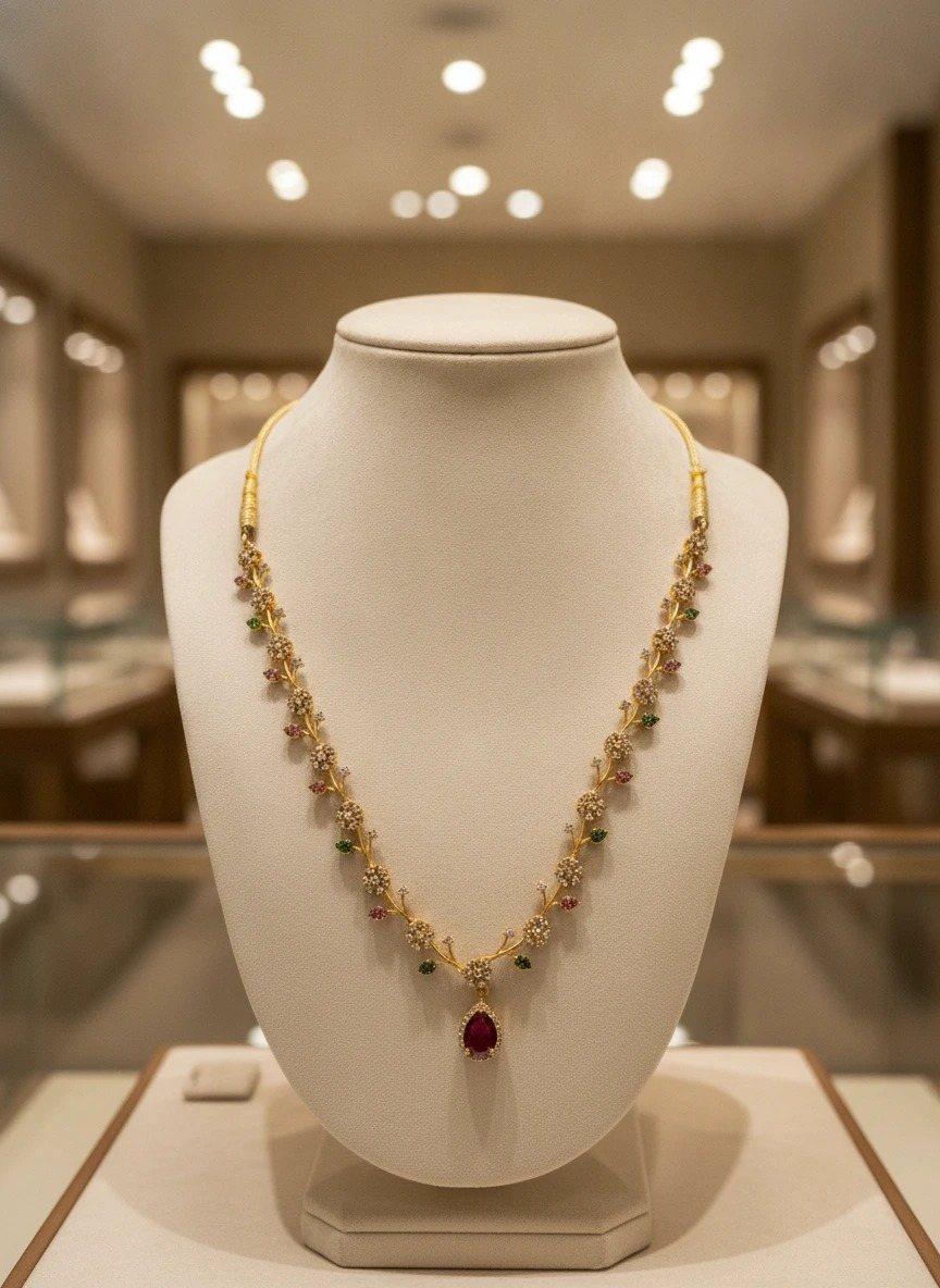 The same necklace on a display bust in a jewellery store